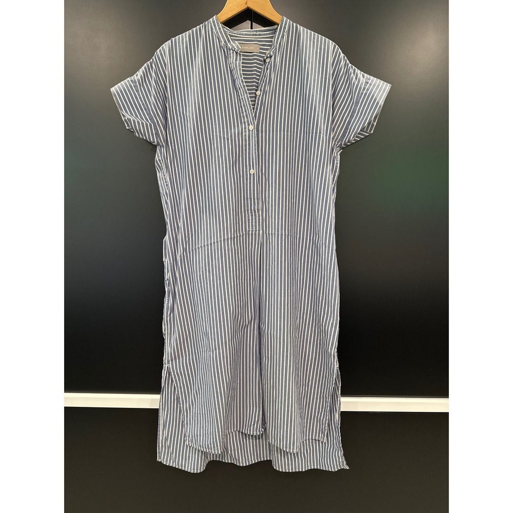 Everlane Blue White Striped Cotton Shirt Dress Mandarin Collar Midi Size 6